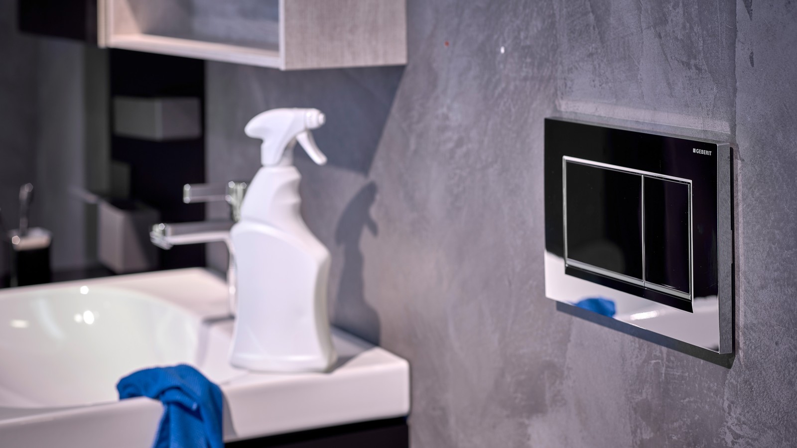 Cleaning agent and cloth in clean bathroom Cleaning agent and cloth in clean bathroom